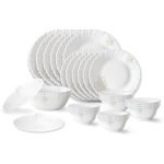 Larah by Borosil Ingot Fluted Series Opalware Dinner Set | 28 Pieces for Family of 6 | Microwave & Dishwasher Safe | Bone-Ash Free | Crockery Set for Dining & Gifting | Plates & Bowls | White