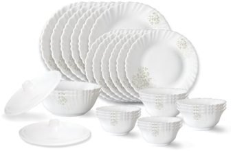 Larah by Borosil Ingot Fluted Series Opalware Dinner Set | 28 Pieces for Family of 6 | Microwave & Dishwasher Safe | Bone-Ash Free | Crockery Set for Dining & Gifting | Plates & Bowls | White
