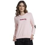Spykar Women Baby Pink Blended Regular FIt Round Neck Printed Sweatshirt