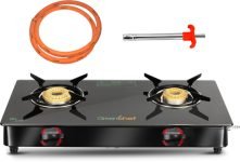 Greenchef Ebony Pro 2BR ( Hose Pipe + Lighter ) Glass Manual Gas Stove(2 Burners)