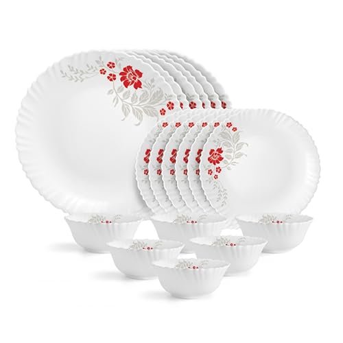 CELLO Scarlet Bliss Dazzle Series Opalware Dinner Set of 18 Pieces for Family of 6 | Bone-Ash Free & Leadfree Opal Glass, Microwave & Dishwasher Safe, Plates & Bowls Crockery Set for Dining & Gifting