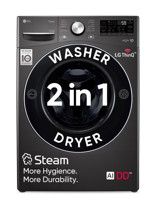 LG 15/8 kg Washer with Dryer Fully Automatic Front Load Washer Dryer with AI Direct Drive Technology, Wi-Fi Enabled, Allergy Removal with Steam & Turbo Wash Ready to Wear Clothes with In-built Heater Black(FHD1508STB)