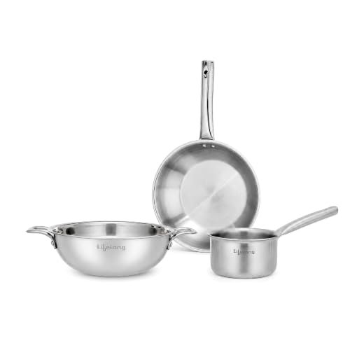 Lifelong Triply 3-piece cookware Set | Kadai, Frypan & Saucepan for Cooking | Stainless Steel 22 cm Kadai & Fry Pan 22 cm | 14 cm Sauce Pan | Induction Bottom & Gas Stove Cookware (LLTP3PCS)