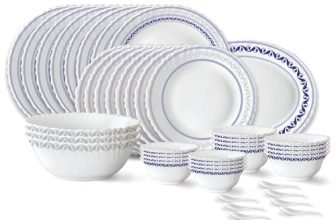 Larah by Borosil Jazzblue Fluted Series Opalware Dinner Set | 44 Pieces for Family of 8 | Microwave & Dishwasher Safe | Bone-Ash Free | Crockery Set for Dining & Gifting | Plates & Bowls | White
