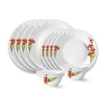Larah by Borosil Red Iris Fluted Series Opalware Dinner Set | 12 Pieces for Family of 4 | Microwave & Dishwasher Safe | Bone-Ash Free | Crockery Set for Dining & Gifting | Plates & Bowls | White