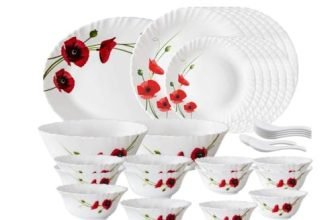 Larah by Borosil Red Carnation Opalware Dinner Set, 33-Pieces, White