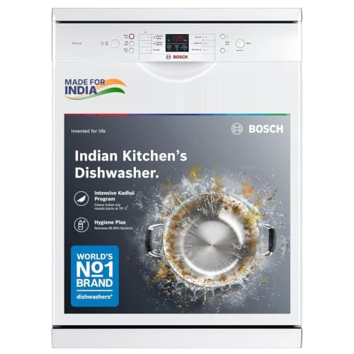 Bosch 13 Place Setting (fits up to 70 utensils) Free-Standing Dishwasher for Indian Utensils | Hygiene+ & Intensive Kadhai Program (SMS66GW01I, White, Inbuilt Heater, Removes 99.9% Germs)
