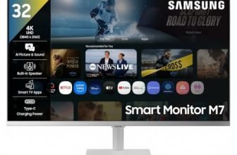 Samsung 32″ (80 cm) 4K M7 Vision AI Smart Monitor|UHD 3840 x 2160|Smart TV Experience with AI|Type-C|Apple AirPlay|Gaming Bar|Remote|Speakers|Wi-Fi|Bluetooth|AI Picture & Sound|LS32FM701UWXXL|White
