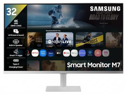 Samsung 32″ (80 cm) 4K M7 Vision AI Smart Monitor|UHD 3840 x 2160|Smart TV Experience with AI|Type-C|Apple AirPlay|Gaming Bar|Remote|Speakers|Wi-Fi|Bluetooth|AI Picture & Sound|LS32FM701UWXXL|White