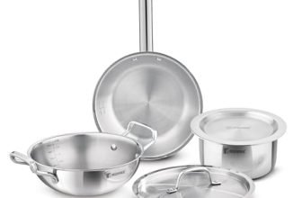 Bergner Tripro Triply Cookware Set 5 Pcs – 22cm (2.3L) Kadai with Lid, 22cm Frypan, 16cm (1.8L) Tope with Lid, Consumes Less Oil, Healthy Cooking, Even Heat Distribution, Induction and Gas Stove Ready