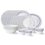Larah by Borosil Jazzblue Fluted Series Opalware Dinner Set | 36 Pieces for Family of 8 | Microwave & Dishwasher Safe | Bone-Ash Free | Crockery Set for Dining & Gifting | Plates & Bowls | White