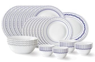 Larah by Borosil Jazzblue Fluted Series Opalware Dinner Set | 36 Pieces for Family of 8 | Microwave & Dishwasher Safe | Bone-Ash Free | Crockery Set for Dining & Gifting | Plates & Bowls | White