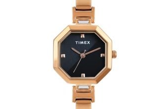 TIMEX Analog Watch for Women with Black Octagonal Dial & Rose Gold Brass Bracelet Band Water Resistant Women’s Wrist Watches – TWEL195SMU04