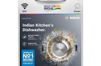 Bosch 14 Place Setting Free Standing Dishwasher for Indian Utensils, WiFi Enabled, Intensive Kadhai Program, Inbuilt Heater, Fits Up to 80 Utensils, White (SMS6IKW01I)