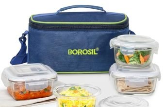 Borosil Borosilicate Glass Made in India Lunch Box (Blue Bag, Universal) | Lunchbox with Bag, Microwave & Dishwasher Safe, Glass Tiffin for Office for Men & Women, School Tiffin