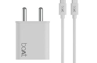 boAt WCDV 22.5W Dual Port Fast Charger, Overheat/Overcharge Protection, Auto Detection for Samsung, Xiaomi & Android Users with Type C to Type C Cable (White)