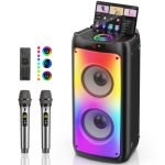 JYX 260W Trolley Party Speaker, 12 Hours Playtime with 2 UHF Wireless Mics, Bluetooth v5.3, Karaoke Party Box, TWS, 6.35mm Guitar Mic Inputs & 7 Band EQ Control, AUX & USB Type-C Port, RGB LED Lights
