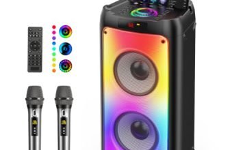 JYX 260W Trolley Party Speaker, 12 Hours Playtime with 2 UHF Wireless Mics, Bluetooth v5.3, Karaoke Party Box, TWS, 6.35mm Guitar Mic Inputs & 7 Band EQ Control, AUX & USB Type-C Port, RGB LED Lights