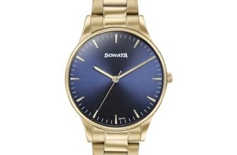 Sonata Quartz Analog Blue Dial Golden Stainless Steel Strap Watch for Men